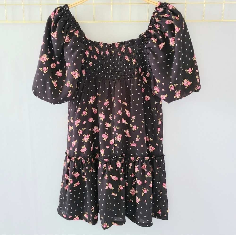 NWT Betsey Johnson Rosie Polka Dot Black Floral Print Puff Sleeve Dress